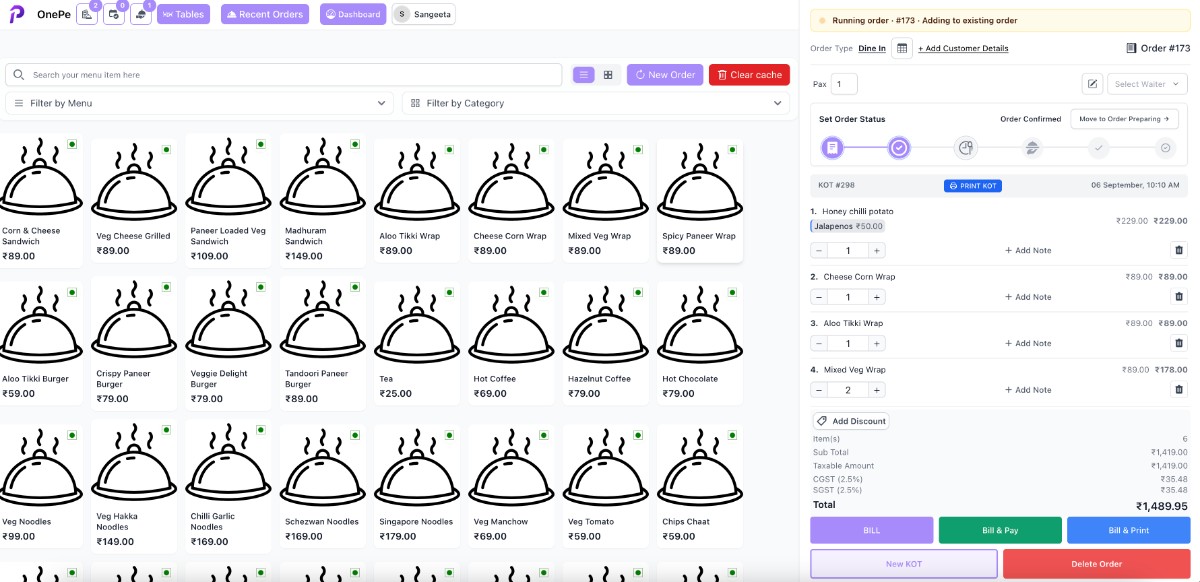 OnePe POS Order Management Screen